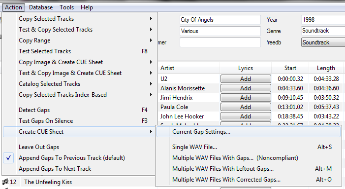 Ripping - Create Cue Sheet - Current Gap Settings