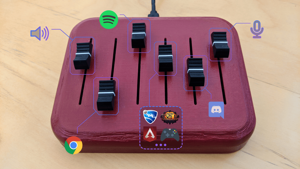 red deej hardware with five sliders