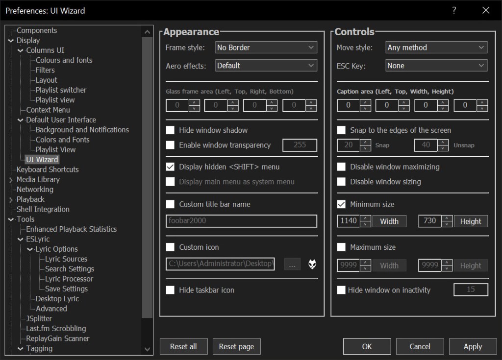 Foobar2000 > Preferences: UI Wizard Menu