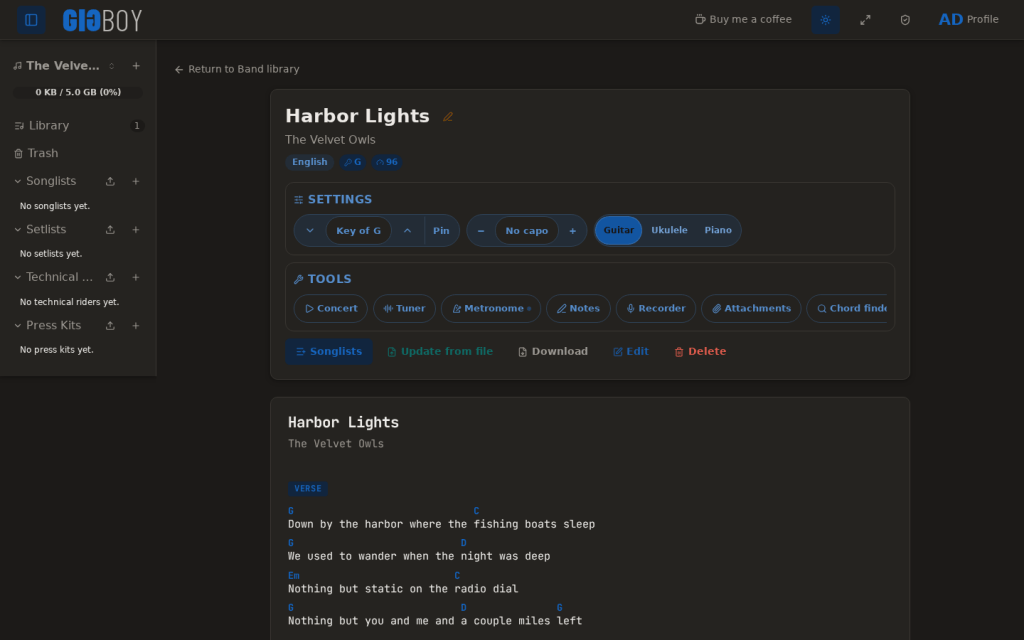 Gigboy web interface